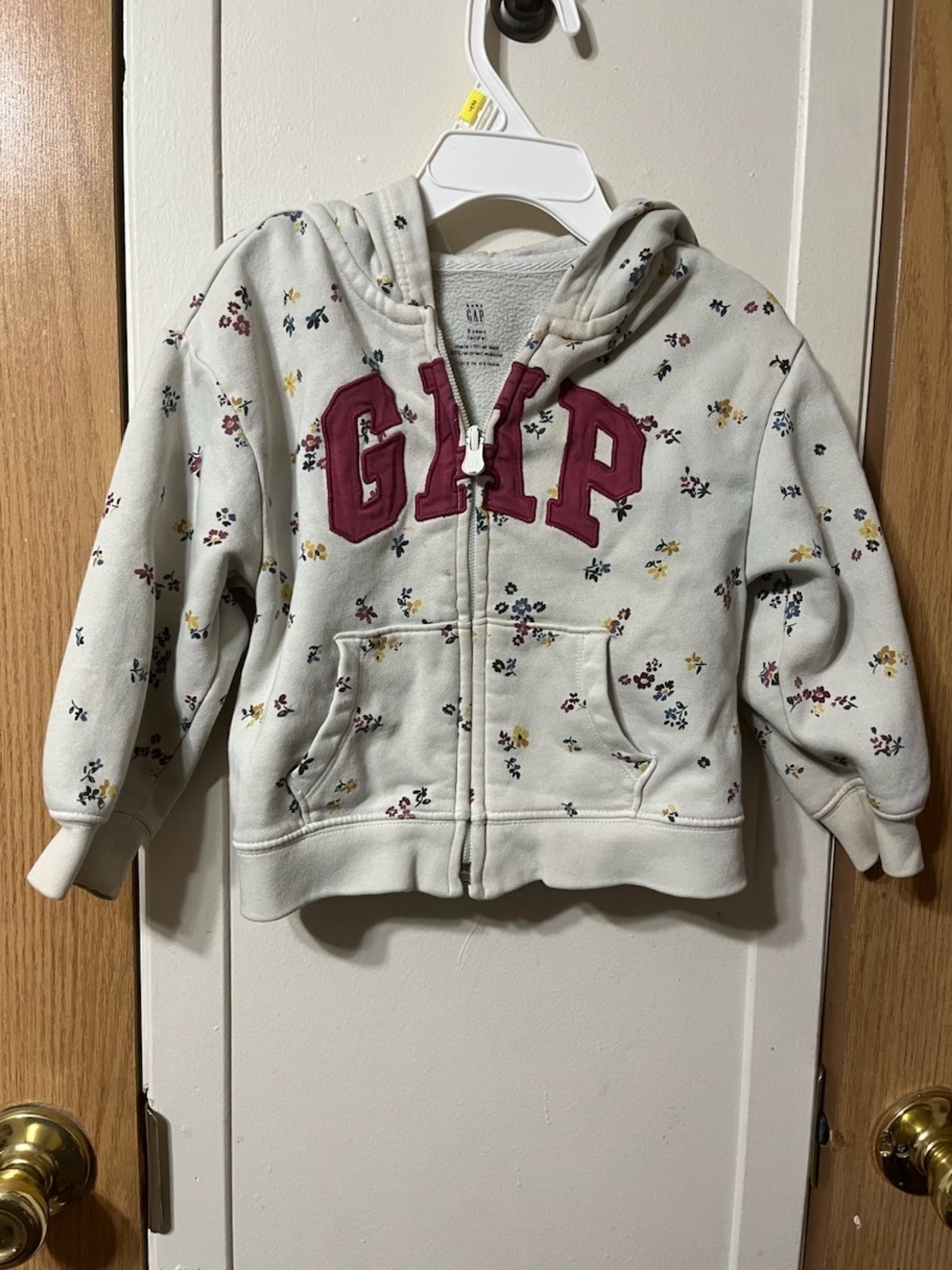 GAP Cream Zip-Up Hoodie with Maroon Logo and Tiny Floral Print